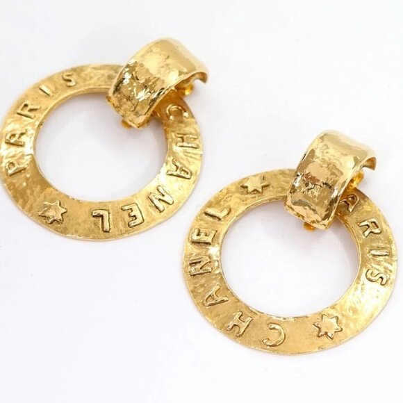 CHANEL PARIS 2 way Round Hoop Earrings Gold Tone 28 Auth w/Box - Picture 6 of 16